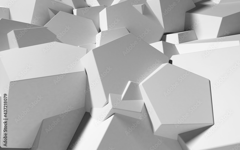 Poster Abstract background with white 3D shapes flying in the light as a messy array or chaotic structure for any pastel backdrop. 3D illustration.