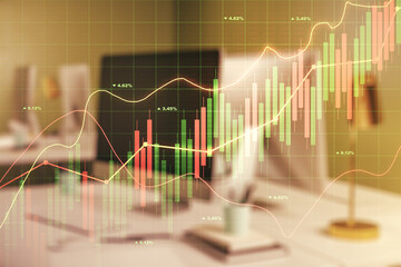Abstract creative financial graph on modern laptop background, financial and trading concept. Multiexposure