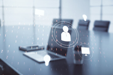 Social network concept with modern laptop on background. Multiexposure