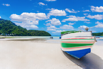 Landscape of speed boat in Phi phi island with blue sky background, Thailand.