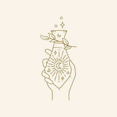 Linear hand holding a mystical glass bottle. An astrological potion with moon, stars and branch in boho style. Vector spiritual and esoteric illustration for cards, posters and banners.