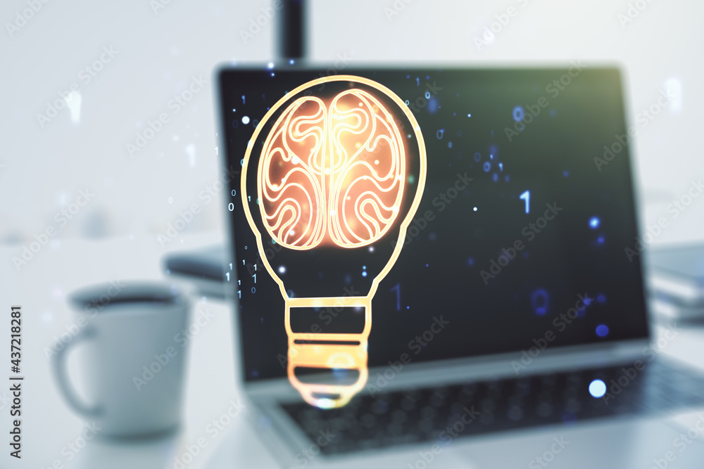 Poster Creative light bulb with human brain hologram on modern laptop background, artificial Intelligence and neural networks concept. Multiexposure