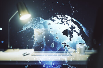Double exposure of abstract creative programming illustration with world map on computer background, big data and blockchain concept