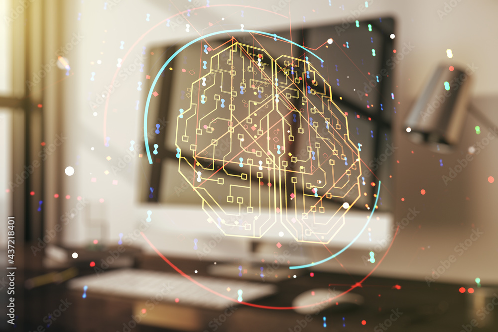 Poster double exposure of creative artificial intelligence symbol with modern laptop on background. neural 