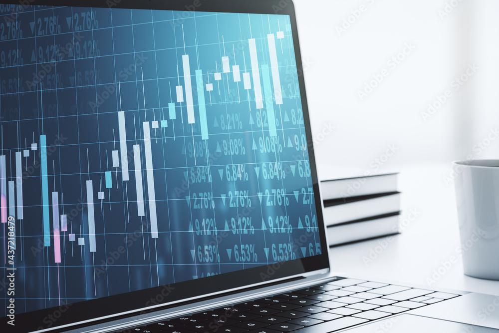 Poster modern computer screen with abstract financial diagram, banking and accounting concept. 3d rendering