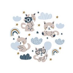 Hand drawn cats illustration in scandinavian style with stars, rainbows, clouds on white. Funny cartoon cats. Hand drawn children's illustration for fashion clothes, shirt, fabric for kids, boys