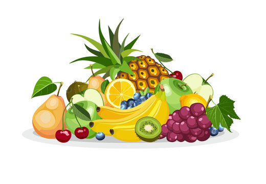 Summer healthy fruit food cartoon icons. Bright beautiful banner with colorful different fruits. Vector illustration