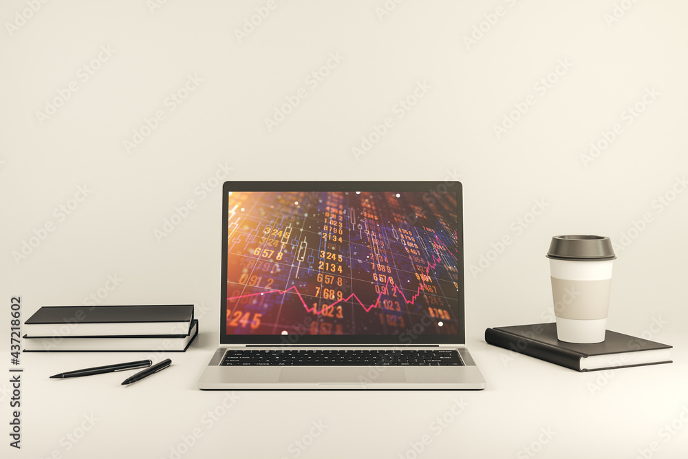 Poster modern computer screen with creative statistics data hologram, stats and analytics concept. 3d rende