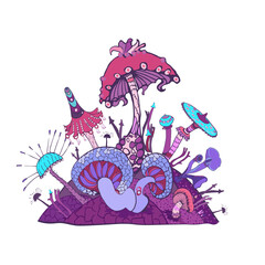 Fantasy decorative background with magic mushrooms of various shape on white background. Beautiful magic landscape, hand drawn concept. Vector illustration.