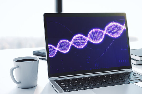 Modern computer monitor with creative DNA hologram. Bio Engineering and DNA Research concept. 3D Rendering