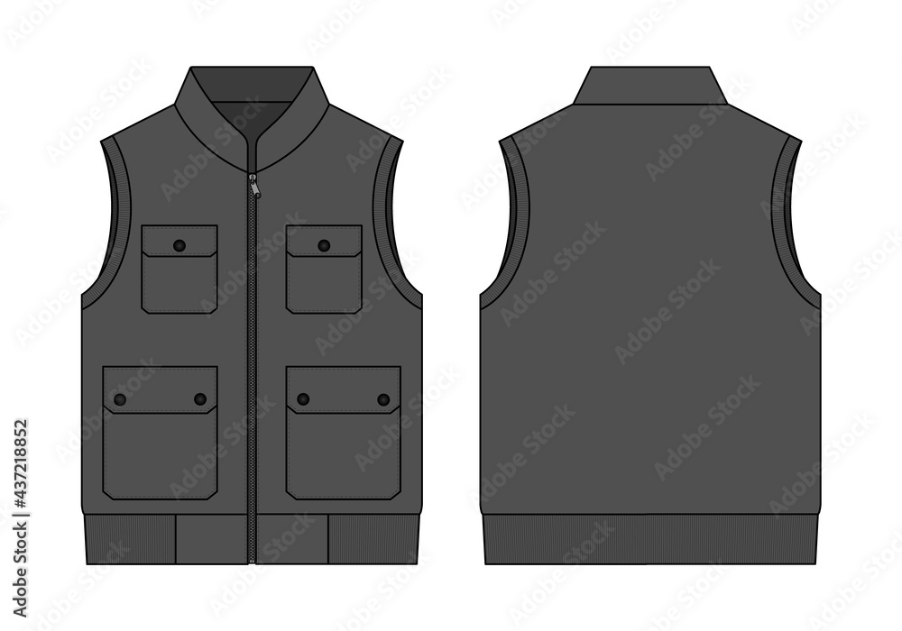 Wall mural Gray Vest with Multiple Pockets Template on White Background. Front and Back Views, Vector File.