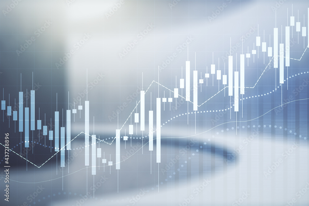 Poster multi exposure of virtual abstract financial diagram on abstract empty interior background, banking 