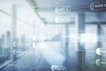 Multi exposure of abstract software development hologram and world map on empty modern office background, global research and analytics concept