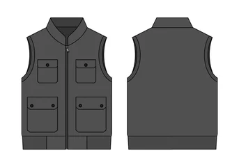 Foto op Canvas Flat Gray Vest With Multiple Pockets Vector For Template.Front and Back Views. © Sansom