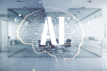 Double exposure of creative human brain microcircuit hologram on a modern furnished office interior background. Future technology and AI concept