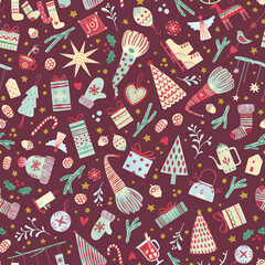 Cute Scandinavian Christmas seamless pattern on red. Hand-painted texture with nordic holiday elements.