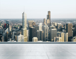 Empty concrete rooftop on the background of a beautiful Chicago city skyline at sunset, mockup