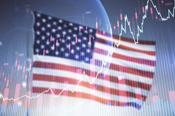 Abstract creative financial graph interface and world map on USA flag and sunset sky background, forex and investment concept. Multiexposure