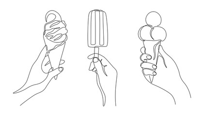 One line ice cream. Continuous line summer cold desserts, female hand holding sweet popsicle. Vector trendy monoline concept - obrazy, fototapety, plakaty