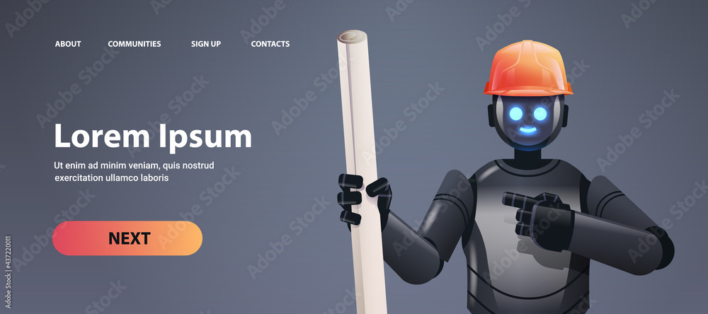 Poster robot foreman engineer in hardhat holding drawings robotic architect with blueprints artificial inte