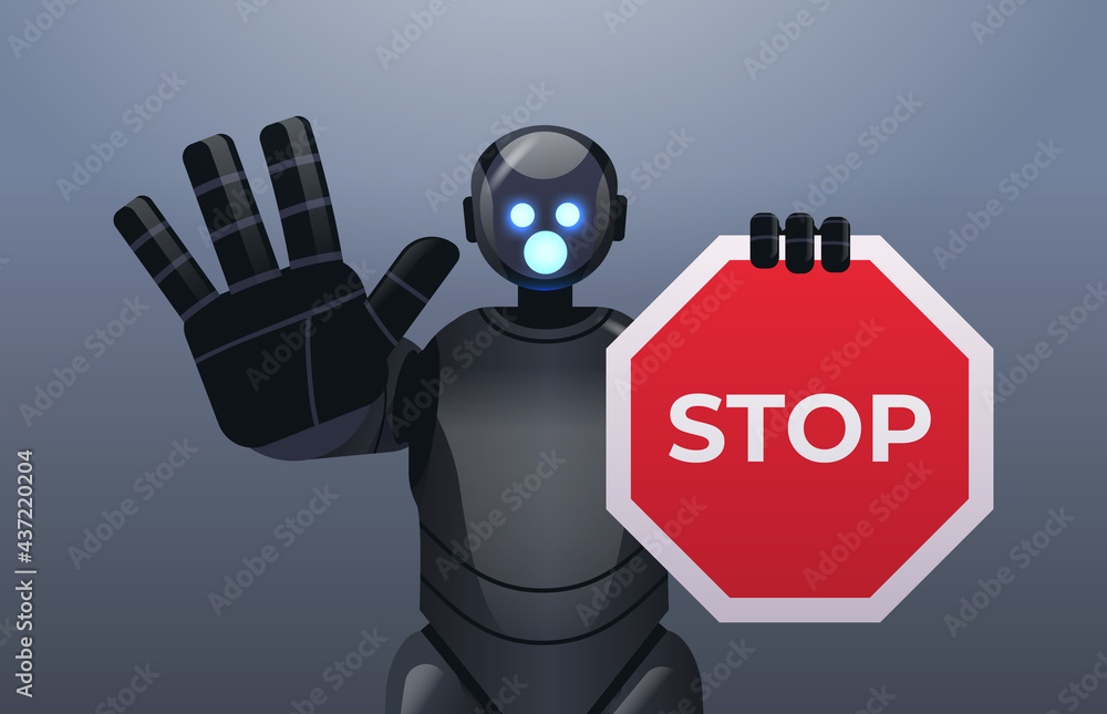 Poster robot cyborg holding red stop sign robotic character showing no entry hand gesture artificial intell