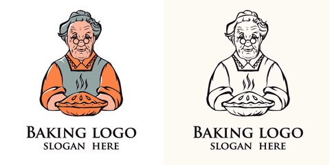 Vector design logo grandmother with pie. Perfect for homemade baking sign, cafe, packaging, cooking.