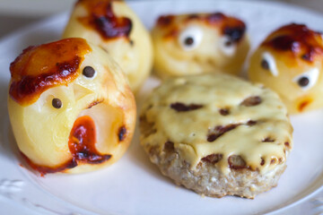 scary food for Halloween from cutlets and potatoes