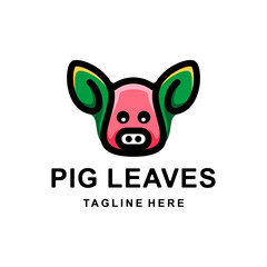 Logo Design Cartoon Character Vector Combination Leaves And Pig