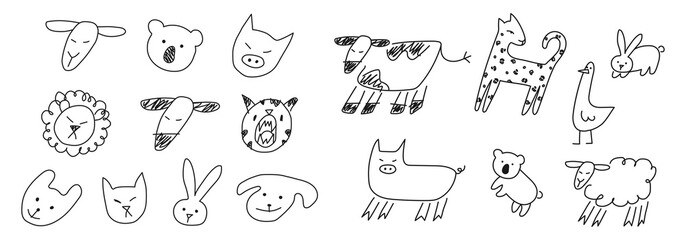 Hand drawn animals faces in line art style, modern minimalism art