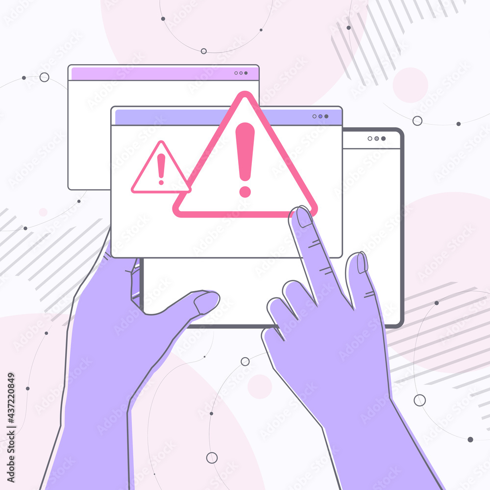 Poster hands reacting to danger exclamation marks problem cyber attack hacking warning signal scam alert concept