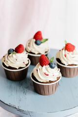 Delicious chocolate muffins with raspberry, blueberry and strawberry cream. Copy space. Set of various delicious muffins on a tray.