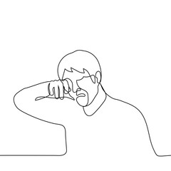 man sobs and wipes his eyes with his hand - one line of pictures. crying man concept