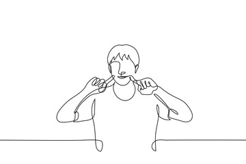 man shows his cute side - one line drawing. playful guy pokes his index fingers into his cheeks and smiles. korean gesture to show off your sweetness and childishness