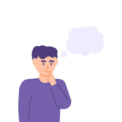 illustration of a man who is thinking, thinking about something or an answer. problems and solutions. message bubble. flat style. vector design