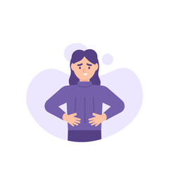 illustration of a woman whose stomach rumbles or sounds because he is hungry. holding his stomach. experiencing stomach or ulcer pain. flat style. vector design