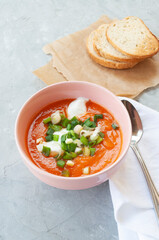 Cold freshly cooked gazpacho soup. Traditional spanish cold tomato soup of fresh raw vegetables with slices of toasted bread on a grey color table.