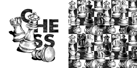 Collection of one print and one seamless pattern. Chess figures on a checkered background. Textile composition, hand drawn style print. Vector black and white illustration.  - 437222022