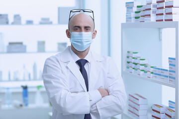 Pharmacist is Working in protective mask. Man Wearing Special Medical Uniform. Located in Pharmacy.