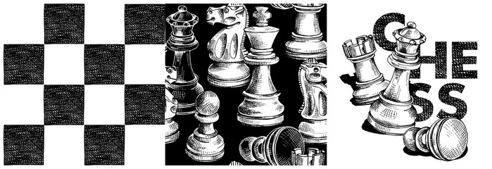 Collection of print and seamless pattern. Chess figures on a checkered background. Textile composition, hand drawn style print. Vector black and white illustration.  - 437222061