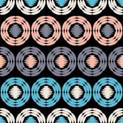 Embroidery. A mosaic of striped geometric figures. Seamless pattern. Design with manual hatching. Textile. Ethnic boho ornament. Vector illustration for web design or print.