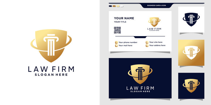 Symbol of law logo with shield and business card design. Preimum Vector