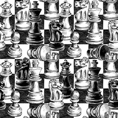 Seamless wallpaper pattern. Chess figures on a checkered background. Textile composition, hand drawn style print. Vector black and white illustration. 