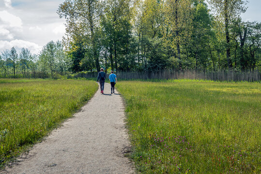 An unidentified man and woman walk together on a narrow footpath. The photo was taken on a beautiful day in the spring season in a Dutch nature reserve.