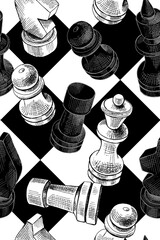 Seamless wallpaper pattern. Chess figures on a chessboard. Textile composition, hand drawn style print. Vector black and white illustration. 