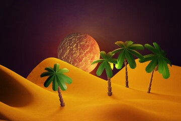 Palm trees on the desert. Sunrise in the desert. Fantasy on the theme of the morning landscape.3D rendering.3d illustration.
