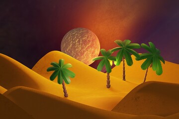 Palm trees on the desert. Sunrise in the desert. Fantasy on the theme of the morning landscape.3D rendering.3d illustration.