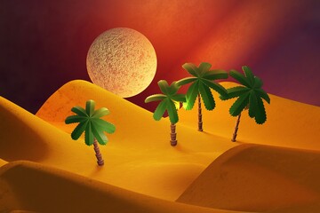 Palm trees on the desert. Sunrise in the desert. Fantasy on the theme of the morning landscape.3D rendering.3d illustration.