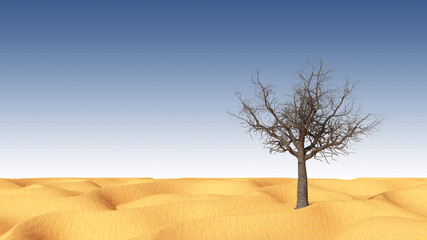 Naklejka premium Lonely dead tree in the desert. Global warming. 3d rendering. High resolution.