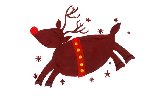 gouache illustration of New Year's Rudolf the reindeer with a red nose and red bridle isolated on a white background with snowflakes and stars