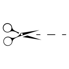 Scissor with cut lines black line icon on white background. Opening or unpacking concept. Isolated symbol sign used for: illustration, logo, mobile, app, design, web, dev, ui, ux, gui. Vector EPS 10